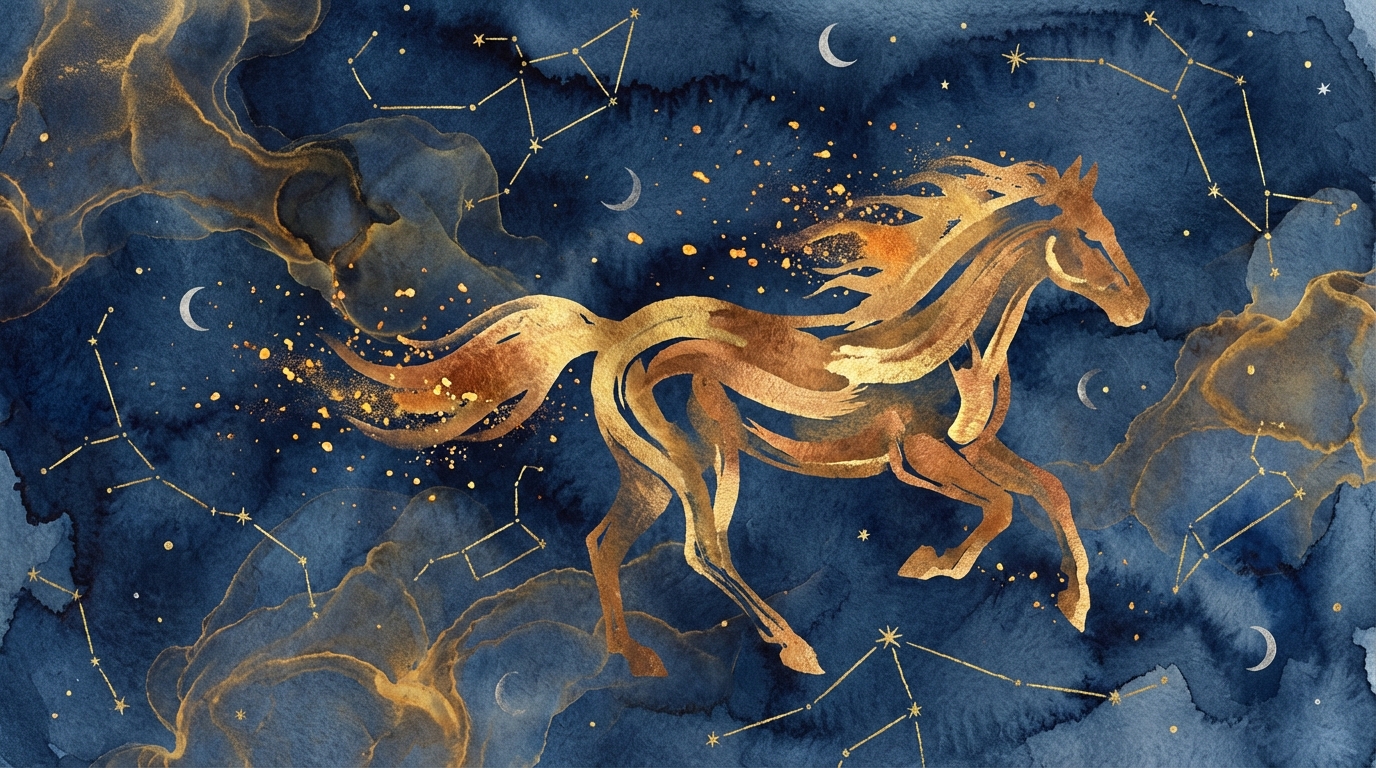 A celestial fire horse galloping through the night sky